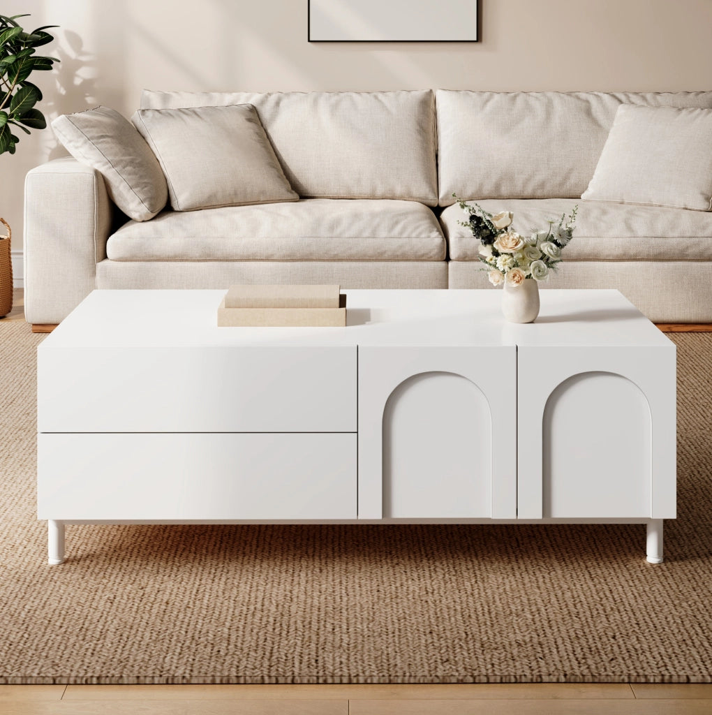Tavolino da caffè rettangolare 100x50 cm con 2 cassetti e 2 ante bianco HAVRYA
