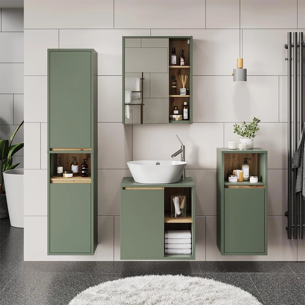 Armadio per il bagno Viola, Verde/Artigianale, 38 x 170 cm con 2 porte