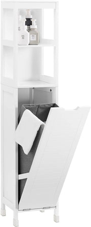 Mobile Bagno Salvaspazio con Portabiancheria Colonna Bagno 145cm con Ripiani Aperti e Cesto Estraibile Armadio Alto Bianco BZR123-W
