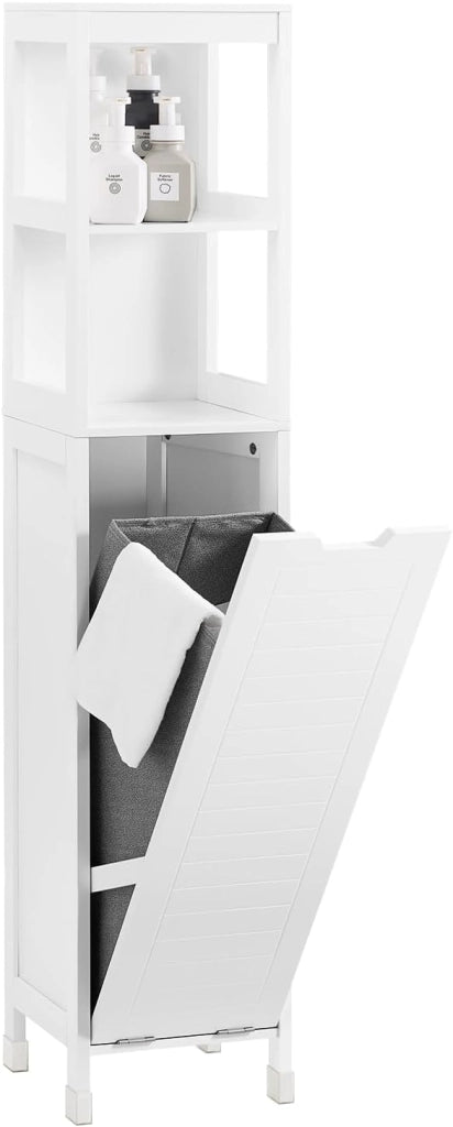 Mobile Bagno Salvaspazio con Portabiancheria Colonna Bagno 145cm con Ripiani Aperti e Cesto Estraibile Armadio Alto Bianco BZR123-W