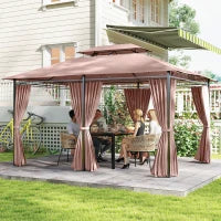 Gazebo da Giardino 4x3m con Doppio Tetto e Tende Laterali in Acciaio e Poliestere, Color Cachi