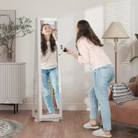 Specchio Portagioie Girevole per Camera da Letto con 2 Chiavi, in Legno Bianco e Vetro, 38x38x160 cm