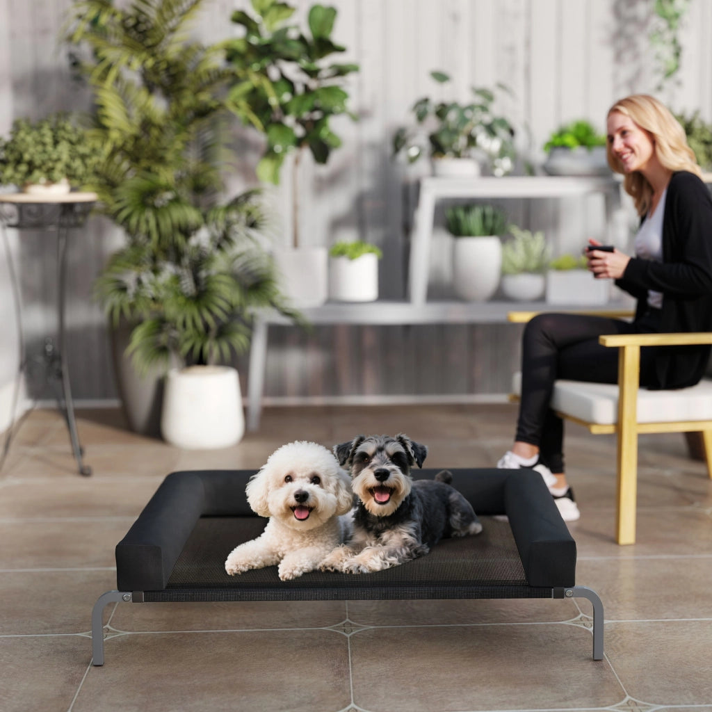 Brandina per Cani Rialzata 110x75x30 cm con Cuscino a U in Tessuto Nero e Argento