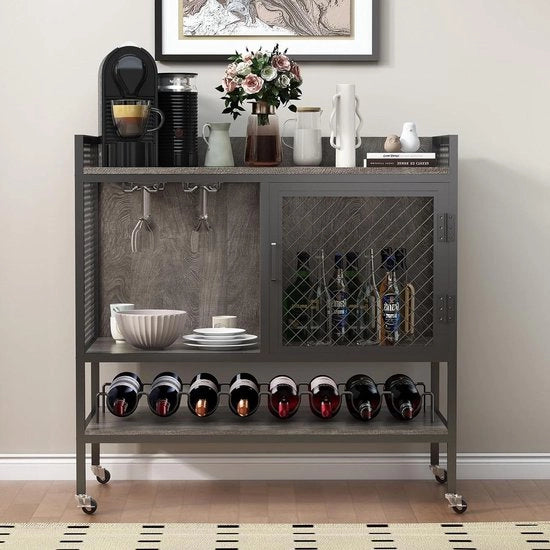 Cassettone industriale per vino con ruote - tavolo bar 3 livelli - vetrina vini con contenitori in vetro - porta a mesh - bar per la casa con cassettone - grigio