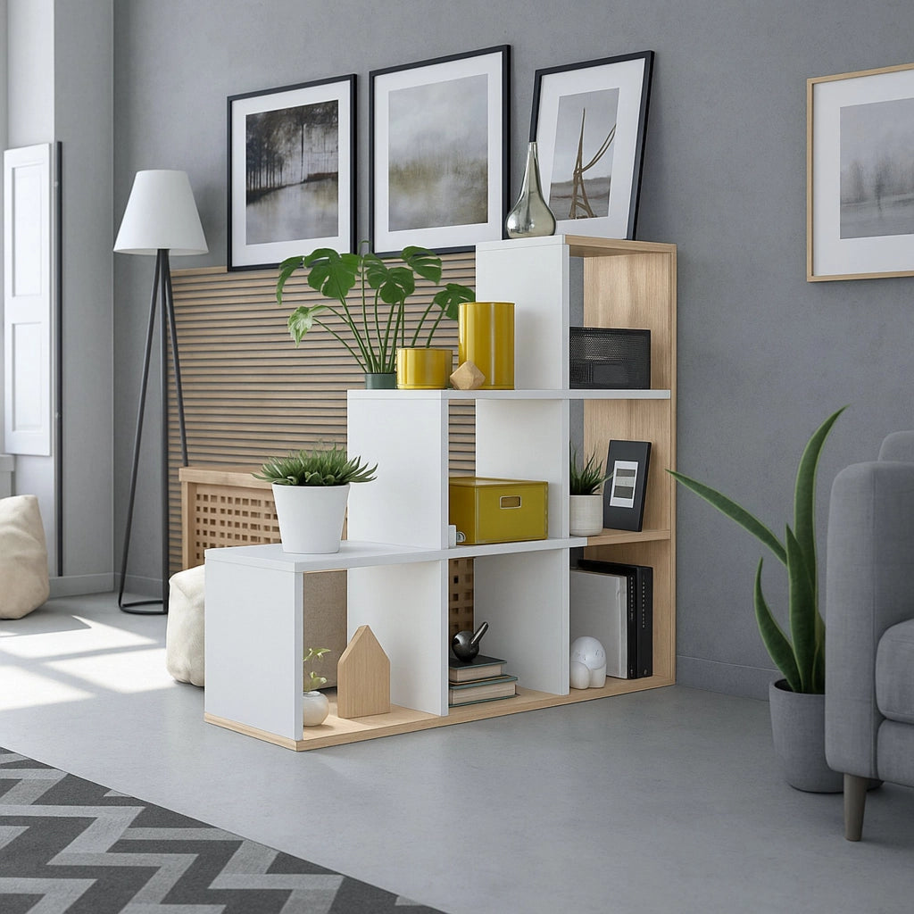 Libreria Abilu, Mobile portalibri bifacciale con 6 scomparti, Scaffale divisorio da ufficio, cm 108x28h110, Bianco e Rovere