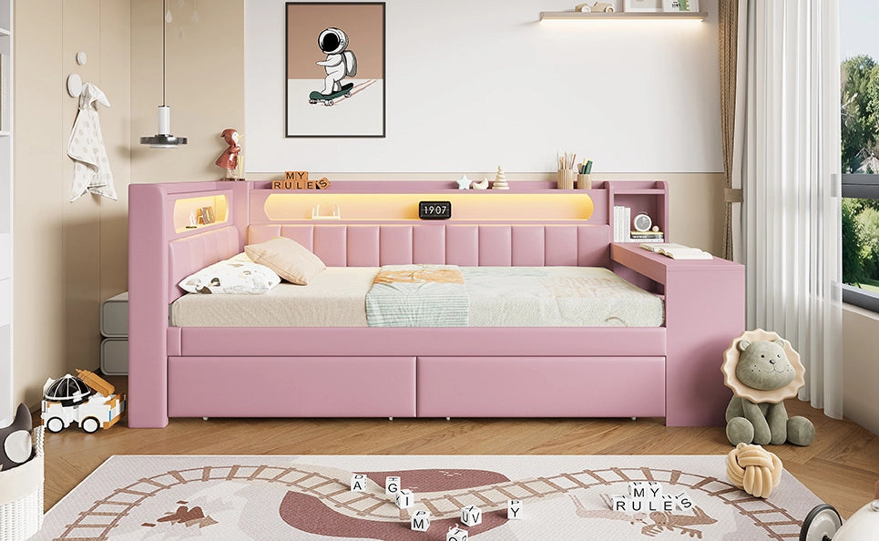 Daybed imbottito 90x200 cm rosa con USB, illuminazione LED, scrivania integrata e 2 cassetti