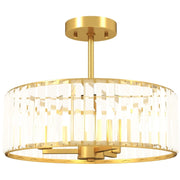 Lampada da soffitto, design a lampadario, paralume in cristallo, 3 lampadine, metallo, colore oro