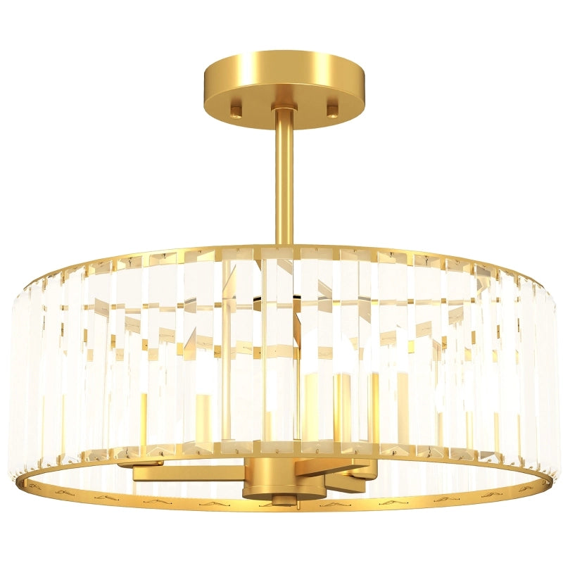 Lampada da soffitto, design a lampadario, paralume in cristallo, 3 lampadine, metallo, colore oro