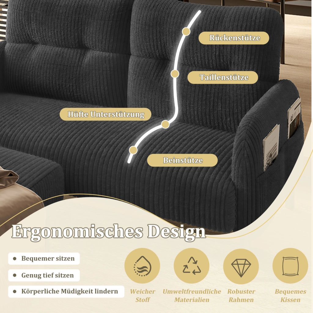 DIVANO 2 Posti 120 x 75 x 79 cm in Tessuto a Coste Grigio con Tasche Laterali