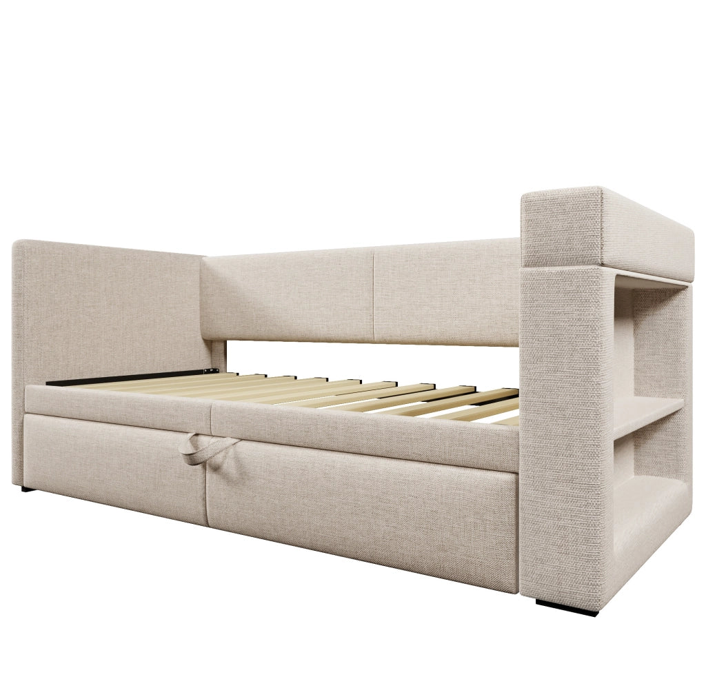 Divano letto 90x200 cm con letto estraibile e braccioli in cotone e lino beige