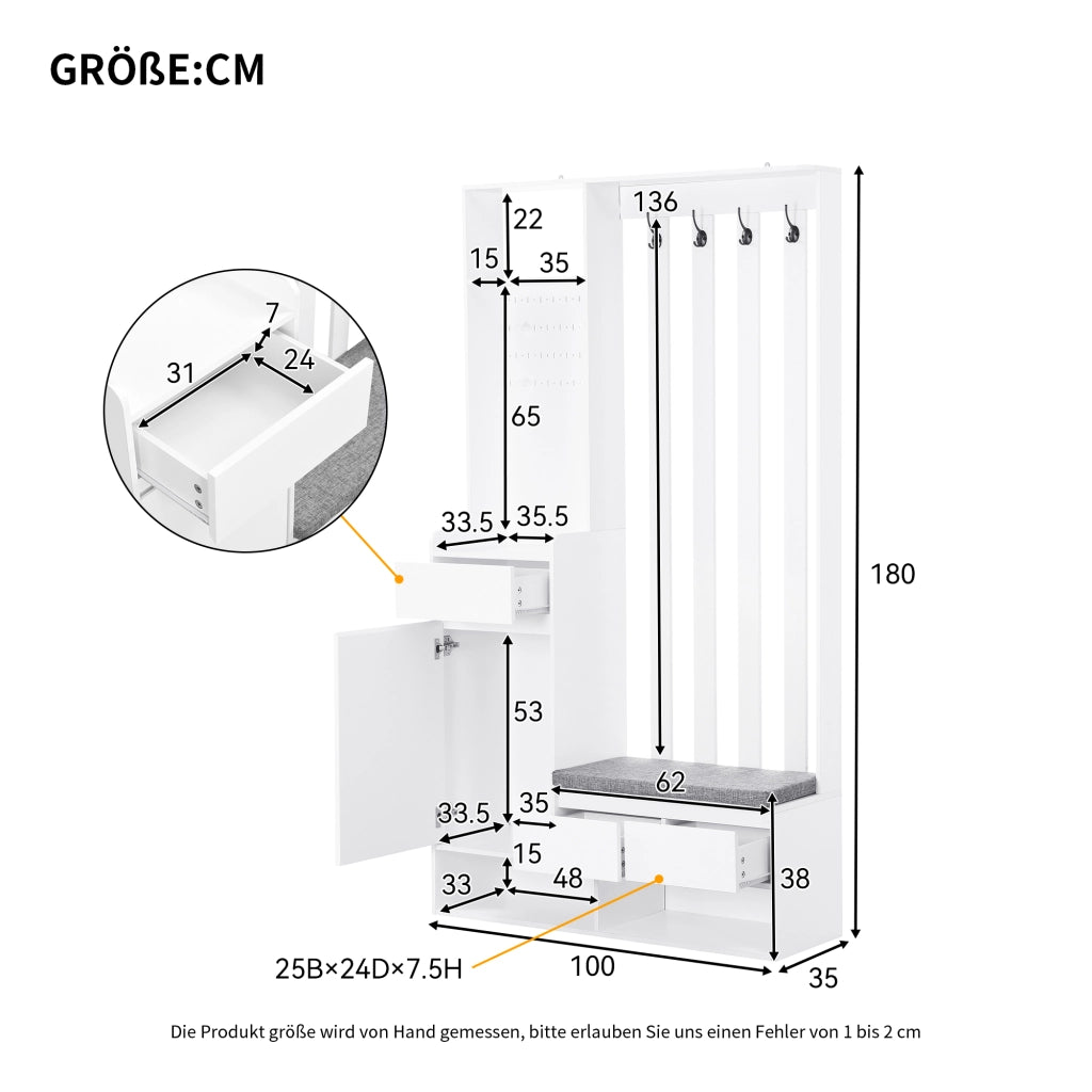 Mobile Ingresso con Panca Imbottita; Pannello Forato; 1 Anta; 1 Cassetto e 4 Ganci; in MDF; Bianco; 100??35??180 cm
