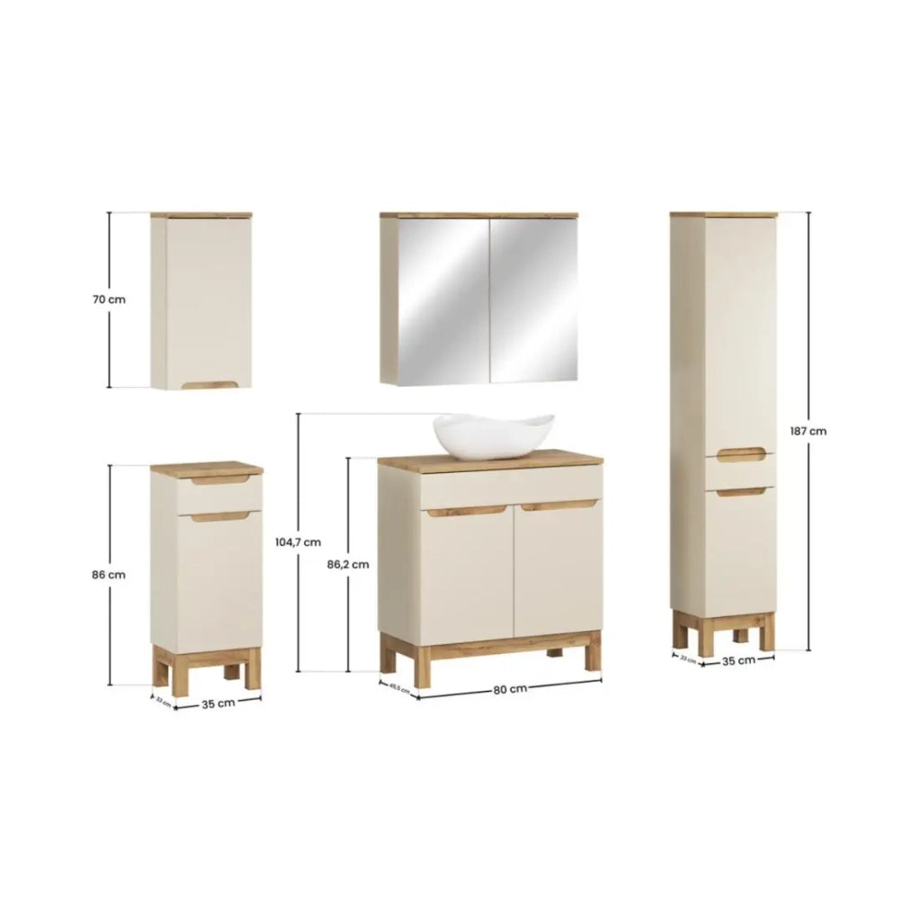 Insieme ERMANO cashmere 150cm: mobile sottolavabo + lavabo da appoggio + mobili sospesi e da appoggio + specchi