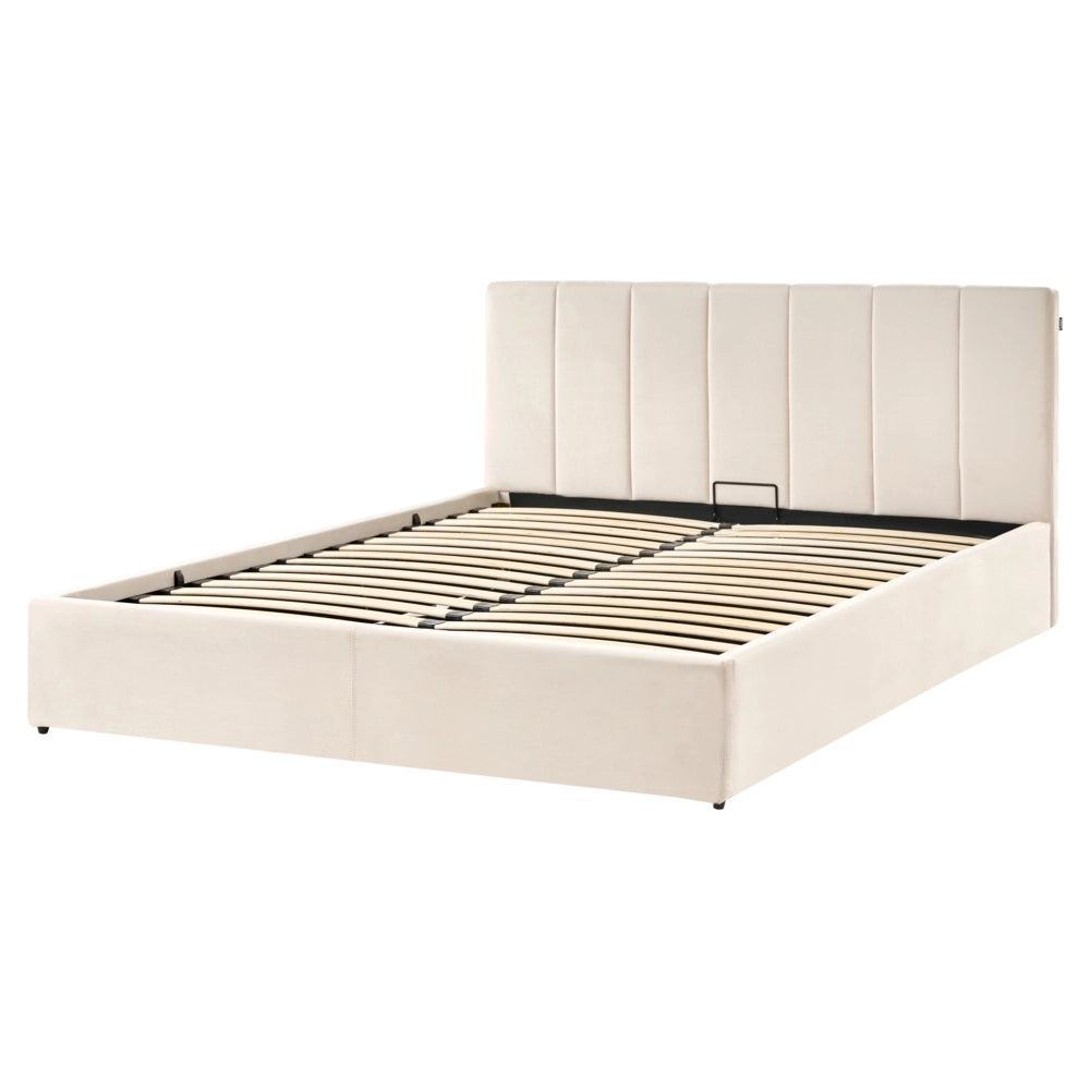 Letto contenitore Rivestimento in velluto beige 160 x 200 cm con testiera a doghe