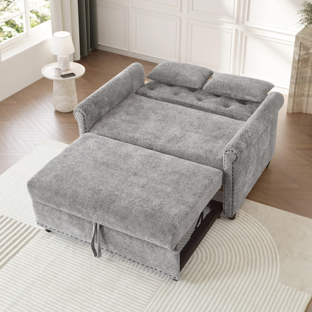 Divano letto 3 in 1 con schienale reclinabile a 3 posizioni letto estraibile in chenille grigio con due cuscini