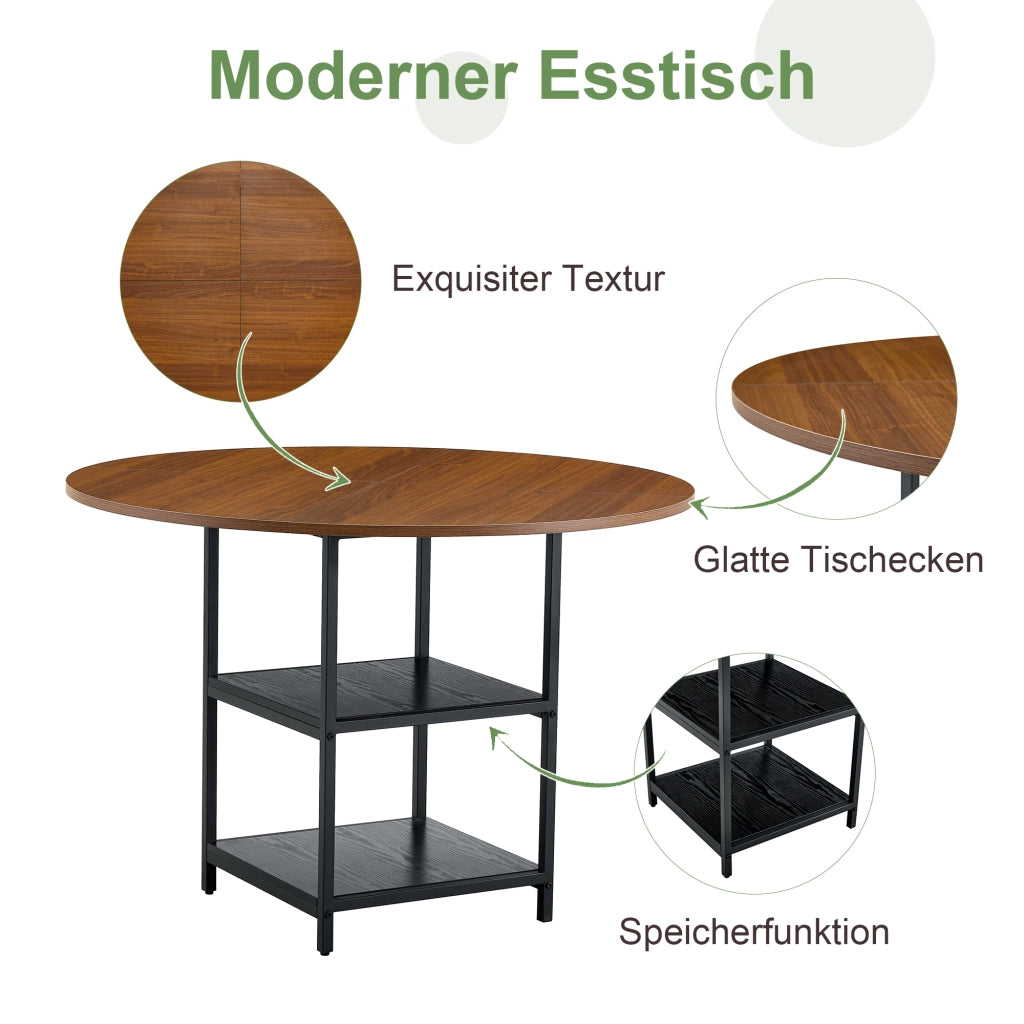 Tavolo da pranzo rotondo con doppio ripiano, 2-4 posti, in MDF effetto noce e metallo nero, per soggiorno, 107 cm