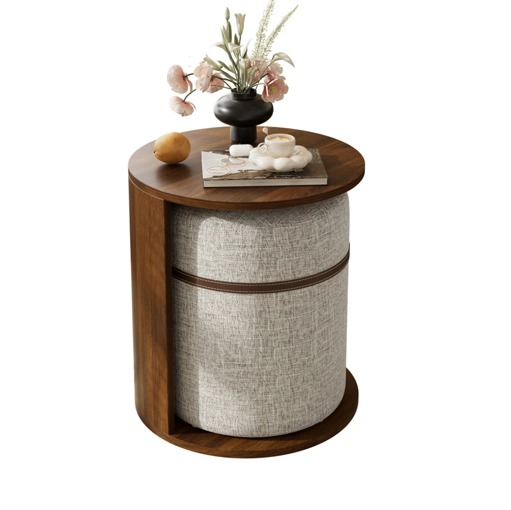 Tavolino rotondo con pouf integrato 38x38x47;5 cm in MDF e legno di pino; noce