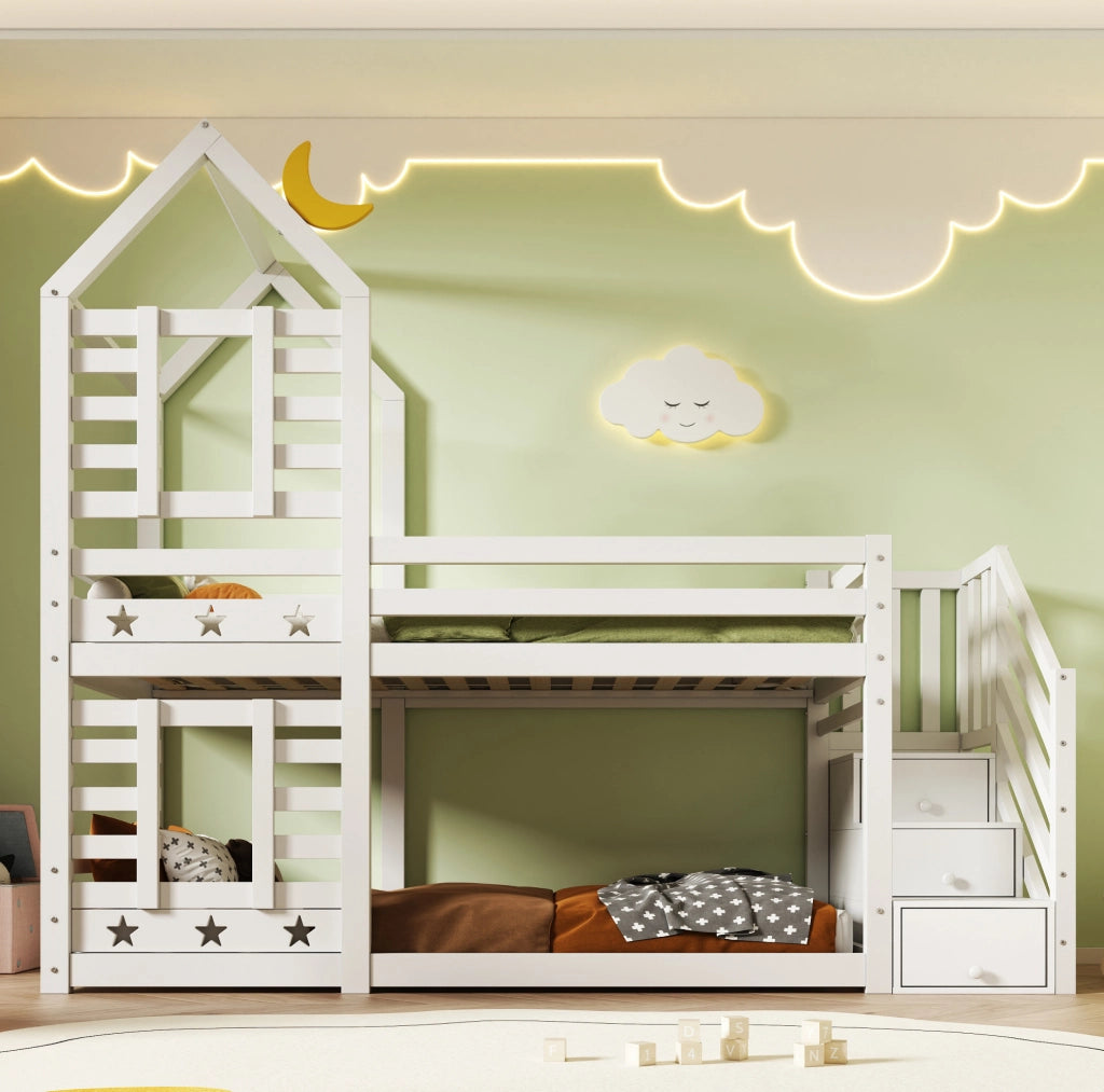Letto a castello a casetta bianco 90x200 cm con cassetti e scale contenitore