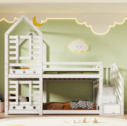 Letto a castello a casetta bianco 90x200 cm con cassetti e scale contenitore