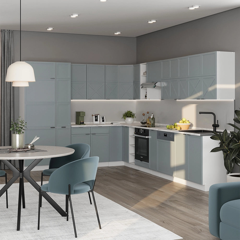 Cucina angolare completa Fame-Line Blu-grigio chiaro/Bianco 347 x 60 cm, PL Antracite Vicco