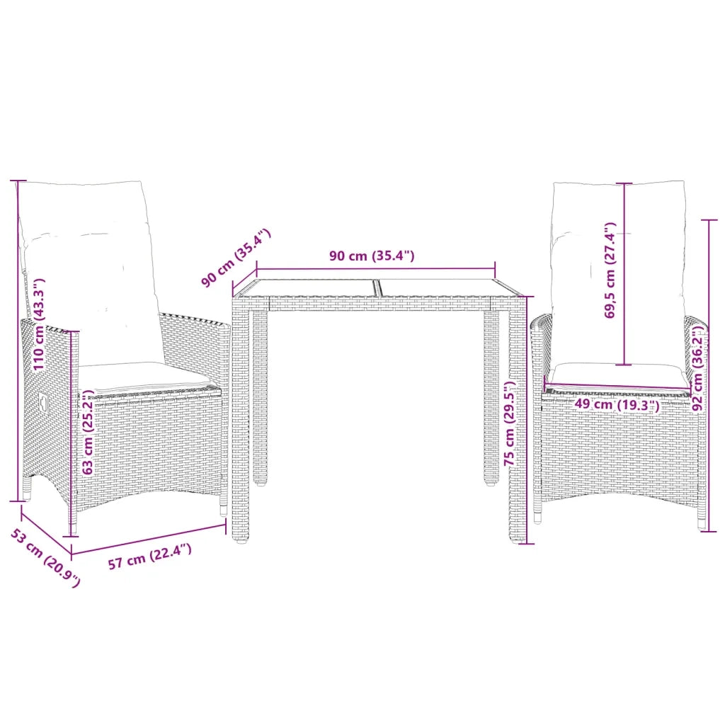 Set da BistrÃ² 3 pz con Cuscini Nero Polyrattan e Legno Acacia