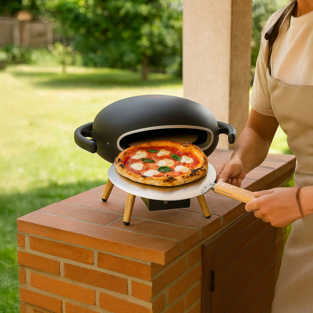 Forno a Gas Easy Pizza Piatto Girevole Ø30 cm in Pietra Refrattaria e Struttura in Acciaio Nero