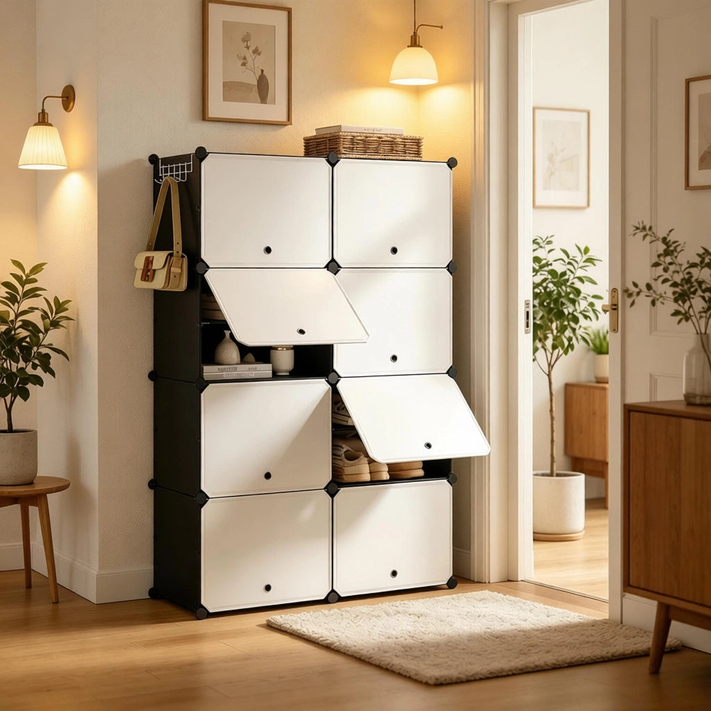Scaffale portascarpe modulare 8 scomparti in ABS metallo e PP nero bianco 94x36,5x144 cm