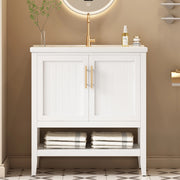 Mobile sottolavabo con lavabo in ceramica e vano inferiore aperto, struttura a pavimento, per bagno, in MDF, bianco