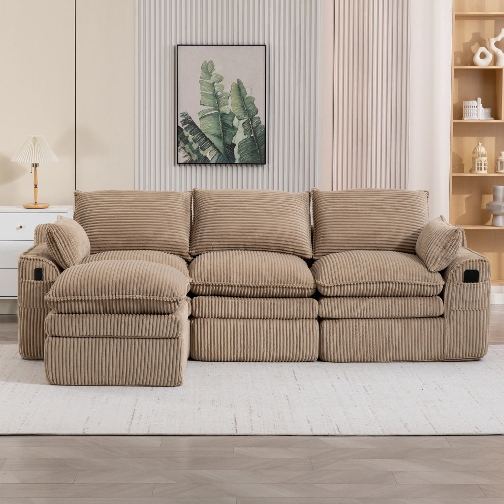 DIVANO modulare 3 posti 263x167x85 cm in corduroy khaki con pouf