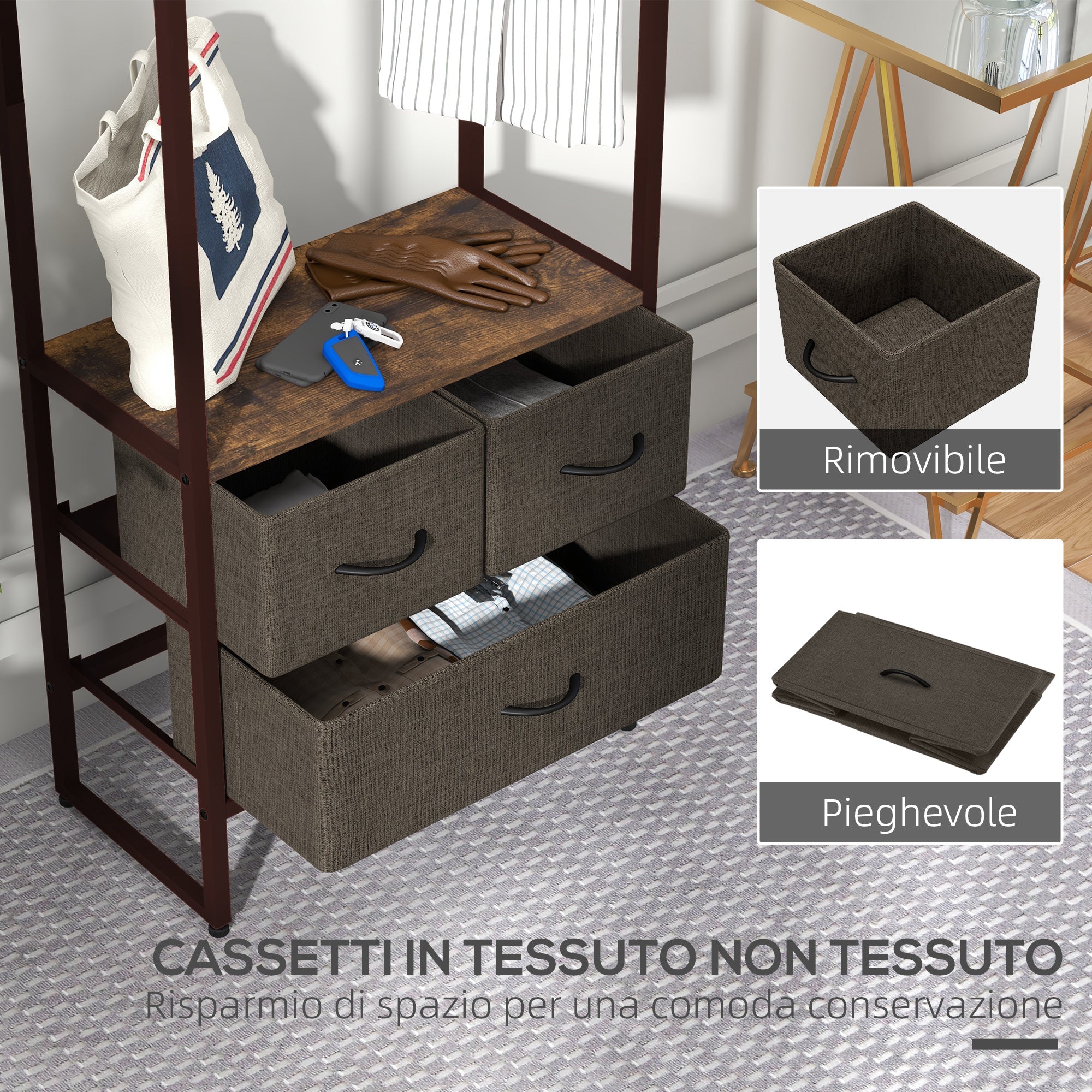 Appendiabiti da Terra con Asta 3 Cassetti e Ripiani 58,5x30x178 cm in Legno MDF e Acciaio Marrone