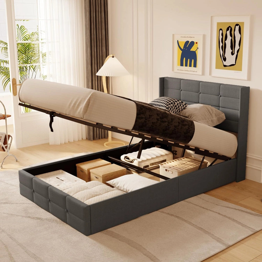 Letto contenitore idraulico 140 x 200CM, letto matrimoniale imbottito con testiera e contenitore, giroletto con rete a doghe, letto per ragazzi, senza materasso (Beige, 120X200)