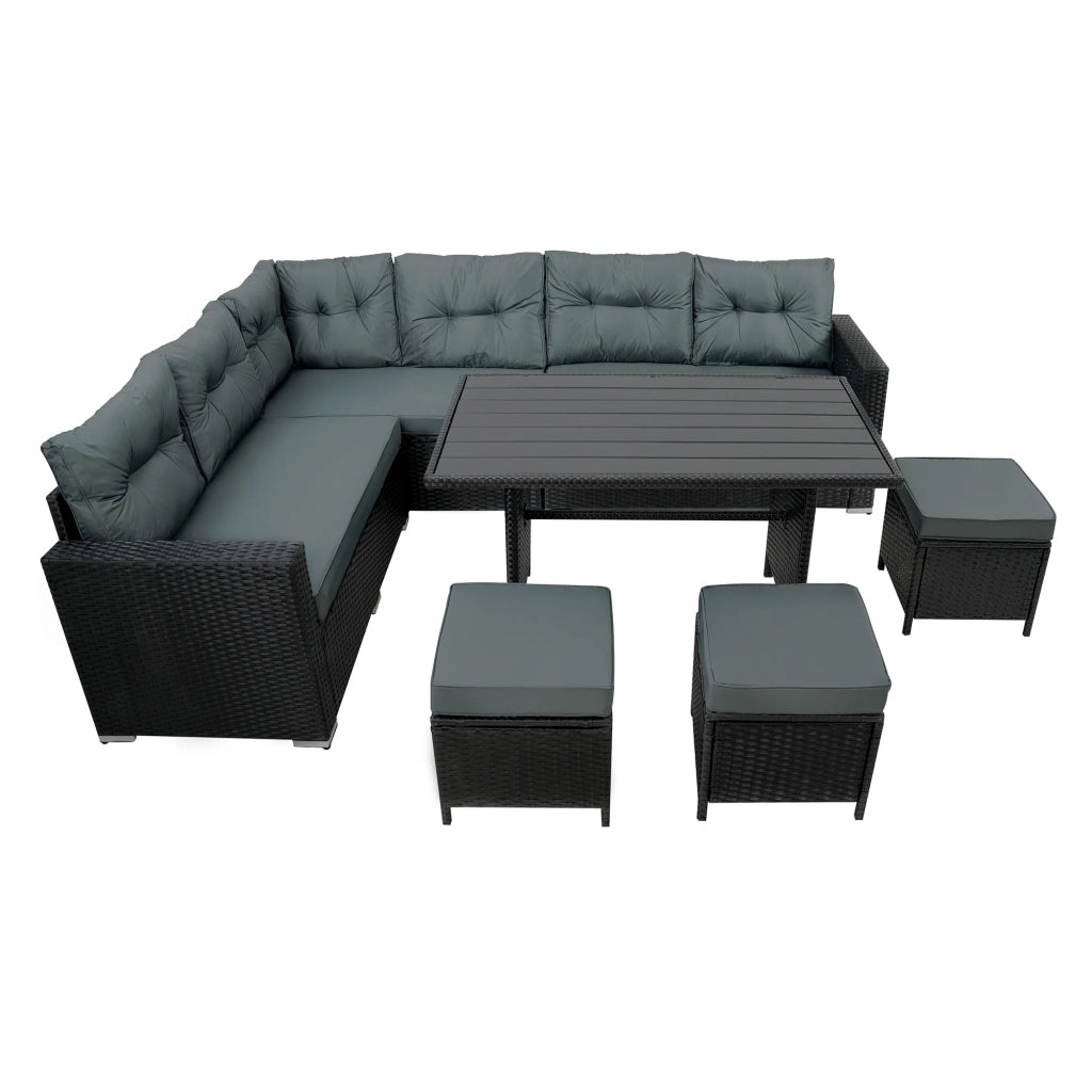 Set Angolare Rattan Giardino 9 Posti Nero Tavolo Cuscini Impermeabili