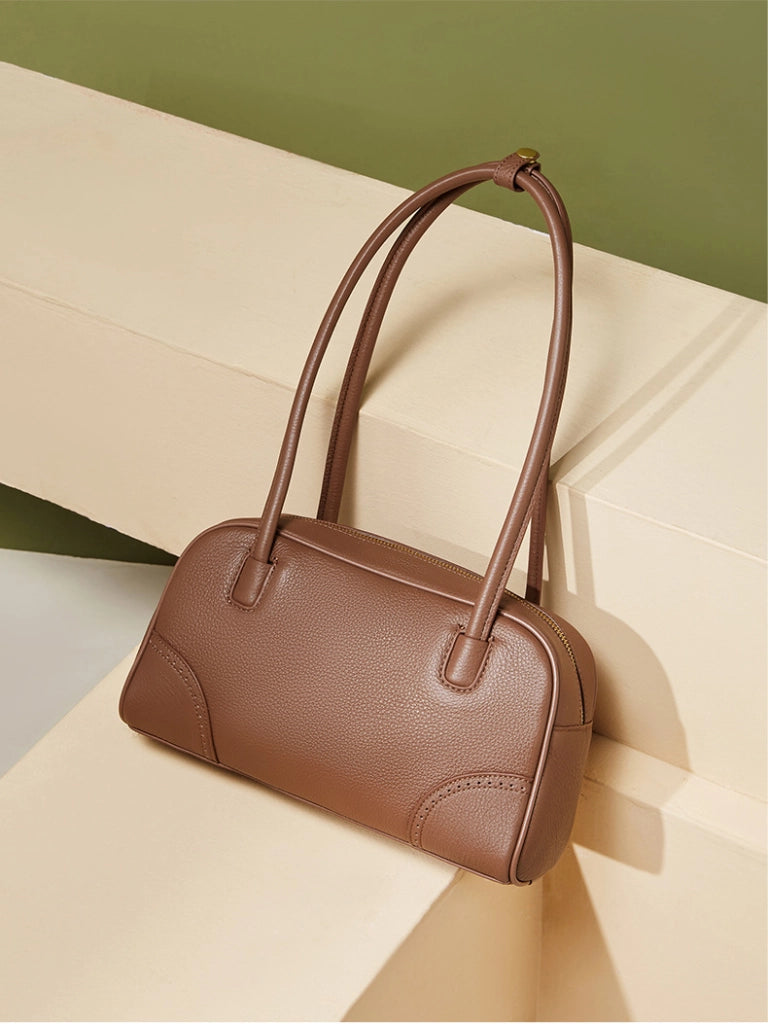 Borsa a mano in vera pelle di grande capacit¨¤, modello bowling, marrone