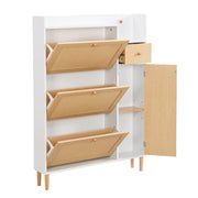 Scarpiera con 3 Ante a Ribalta e 1 Cassetto; Rattan; Gambe in Legno; in MDF; 90×17×125 cm; Naturale Bianco