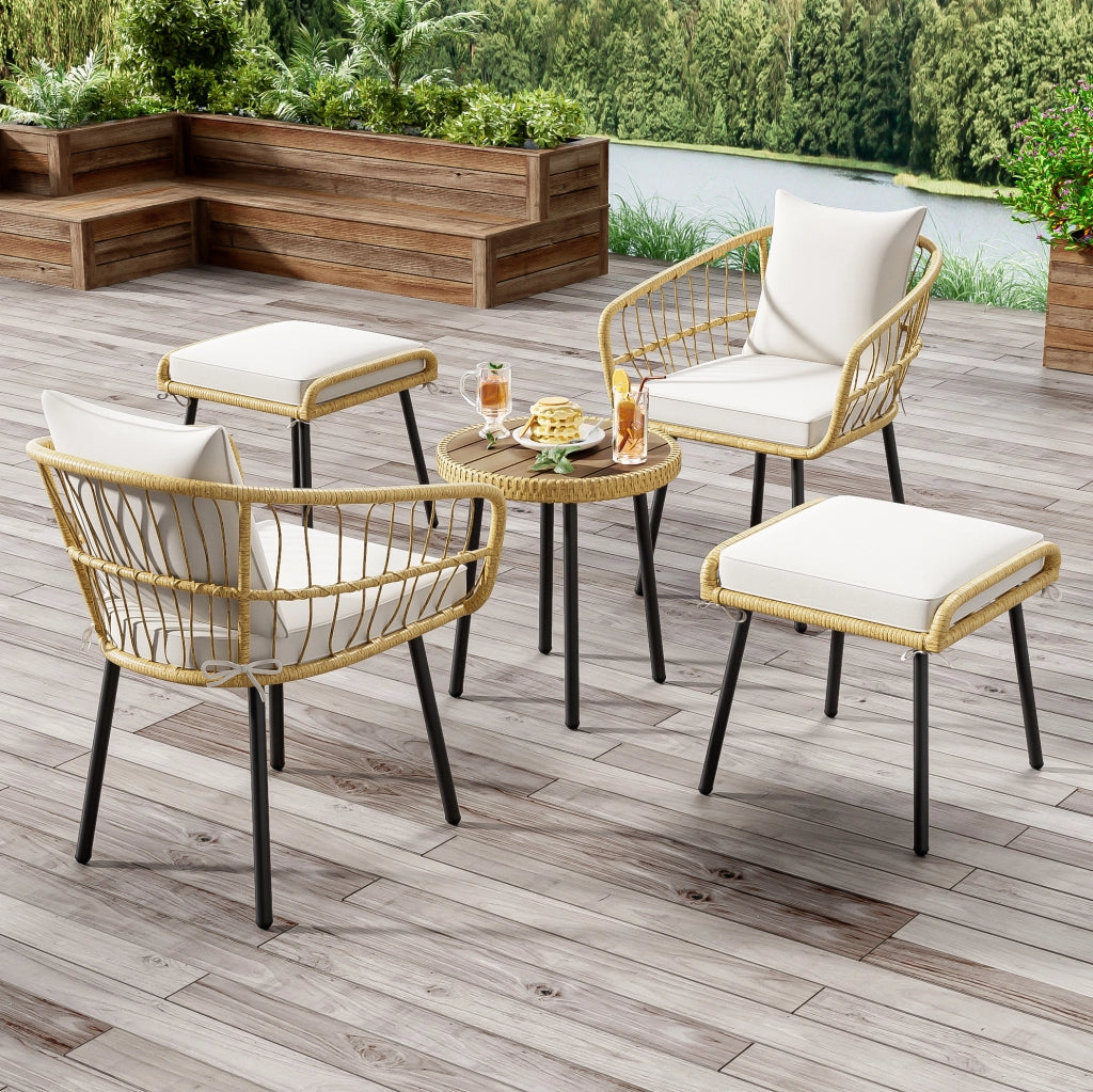 Set da giardino 5 pezzi con 2 sedie; 2 sgabelli; tavolo e cuscini; rattan bianco naturale