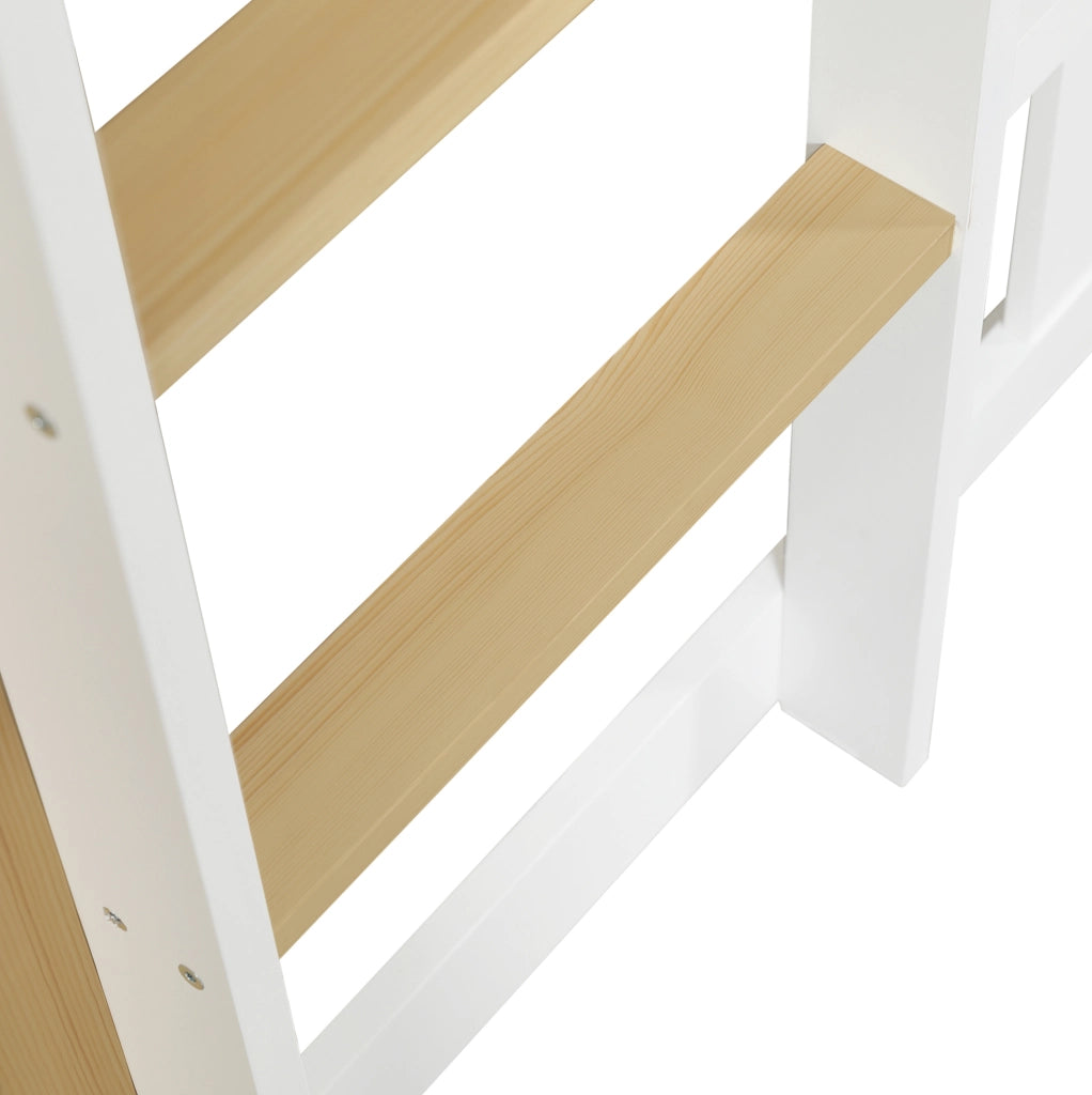 Letto a castello 90x200 cm con scivolo e tetto in legno; MDF e compensato bianco e naturale