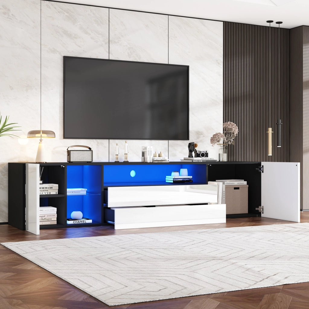 Mobile TV con 2 Cassetti; 2 Ante e LED; Frontale Lucido; Soggiorno; in Truciolare; Bianco e Nero; 180??40??45 cm