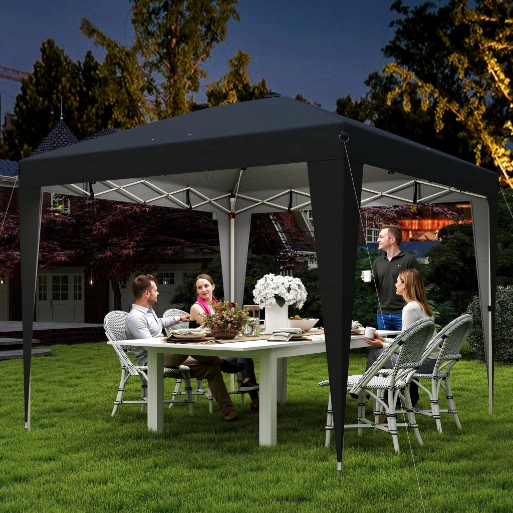 Gazebo 3x3 m Pieghevole ad Altezza Regolabile con Luce Centrale e Telecomando, in Metallo e Poliestere, Nero