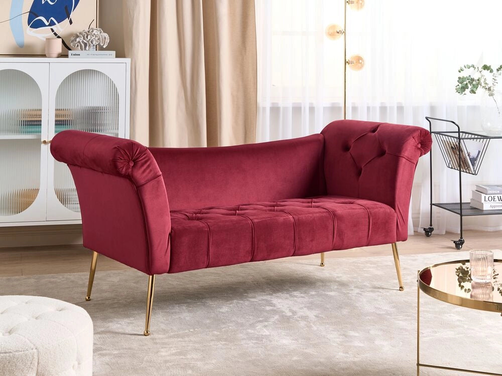 Chaise longue con tappezzeria in velluto rosso scuro Seduta capitonné a doppia estremità con gambe in metallo dorato