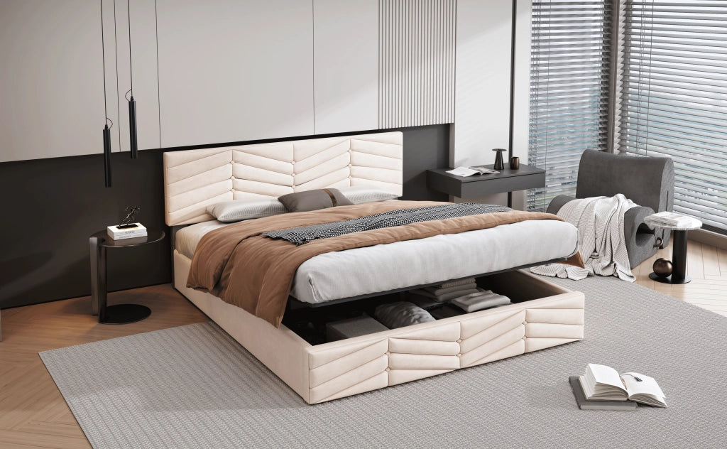 Letto imbottito 140x200 cm con testiera regolabile, struttura con rete a doghe, rivestimento in velluto beige