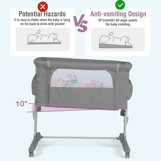 3 in 1 Lettino con Materasso Laterale Regolabile in 5 livelli, Culla per Neonato da Viaggio Mobile su Ruote con Tasca e Borsa per Trasporto (grigio chiaro)