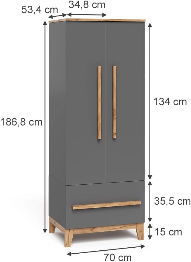 Armadio per bambini Malia, Grigio/Artisan, 70 x 186.8 cm, combinabile con altri mobili della serie Malia