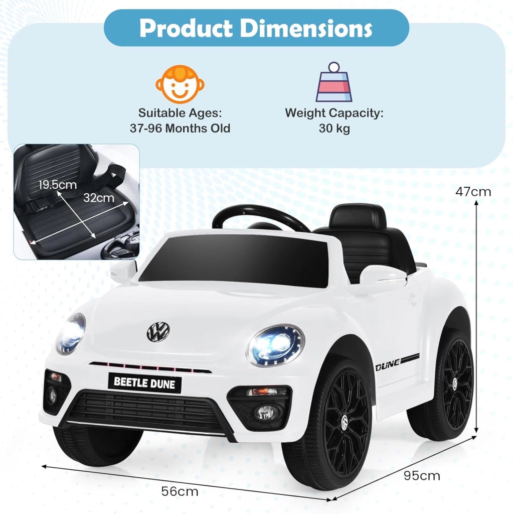 Macchina Elettrica per Bambini Volkswagen Beetle Maggiolino 12V con Telecomando, Auto Elettrico a Pedale, Veicoli con Musica, Fari LED e Clacson, 3-5km/h, Carico 30 kg, 3-8 Anni (Bianco)