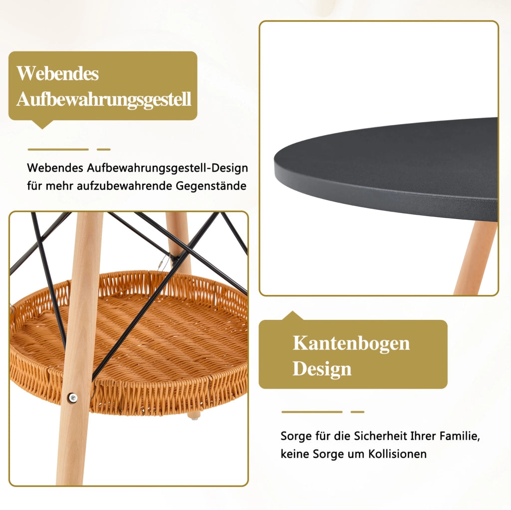 Tavolo da pranzo rotondo ?80 cm in MDF nero e legno massello con cestino intrecciato