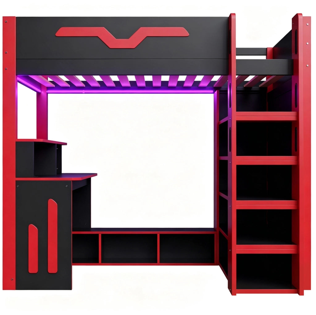 Letto a soppalco ULEVR 90x200 cm con scrivania, LED, 4 ripiani e vani contenitore, nero e rosso