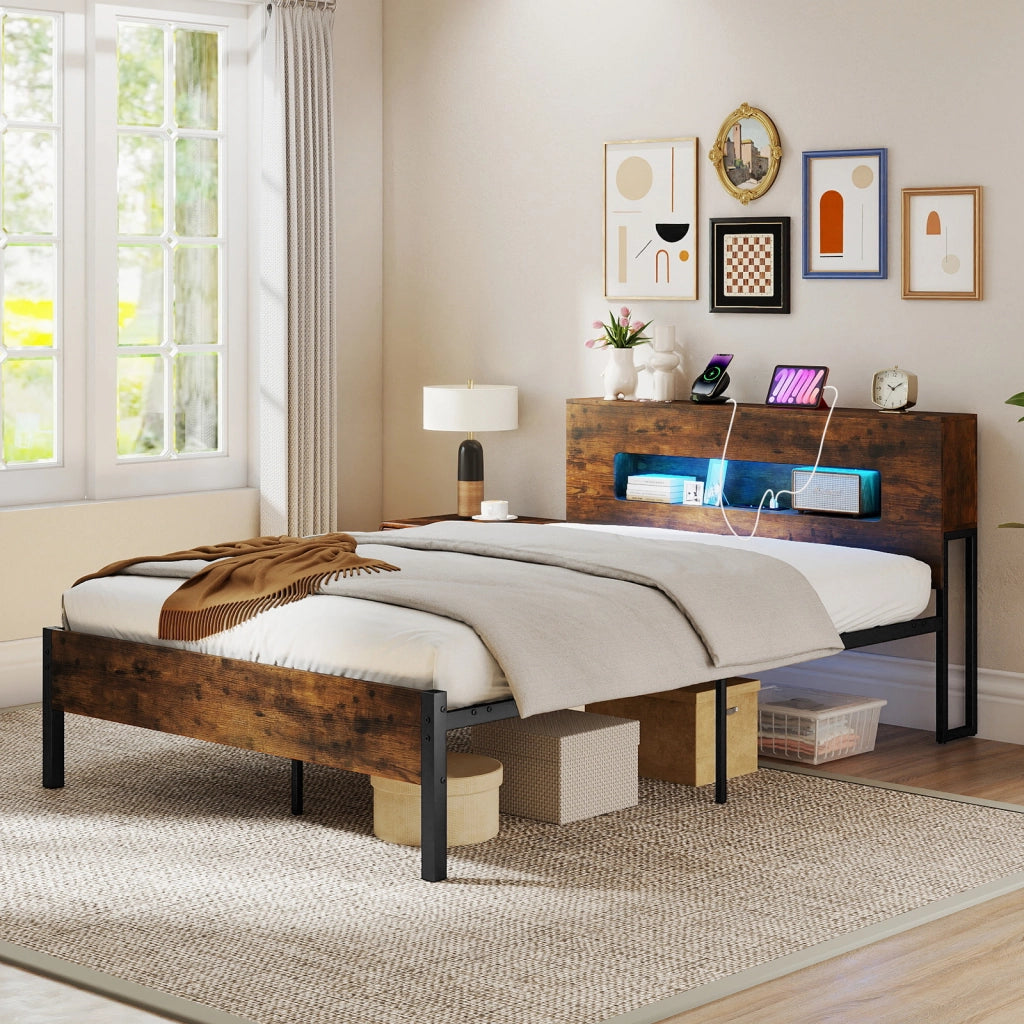 Struttura letto luci led testiera contenitore prese di corrente 200x140cm-Letto piattaforma a doghe metallo senza molle