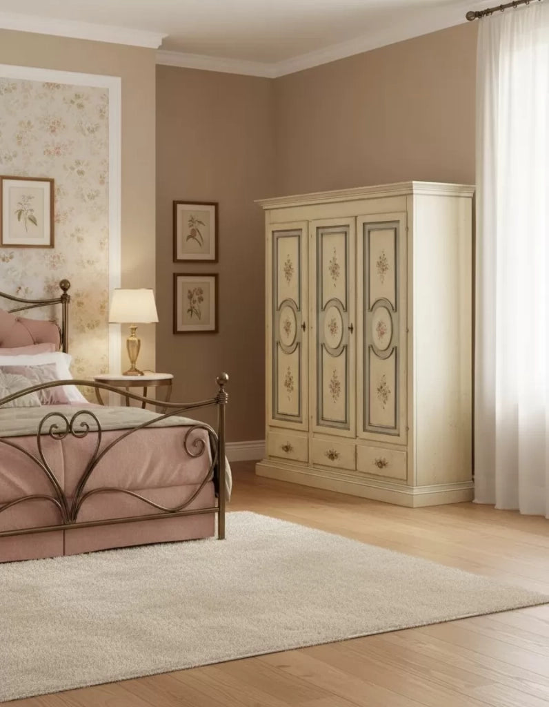 Armadio 3 porte arte povera in legno shabby avorio 184x60x217 (1433) - Mobili 2G