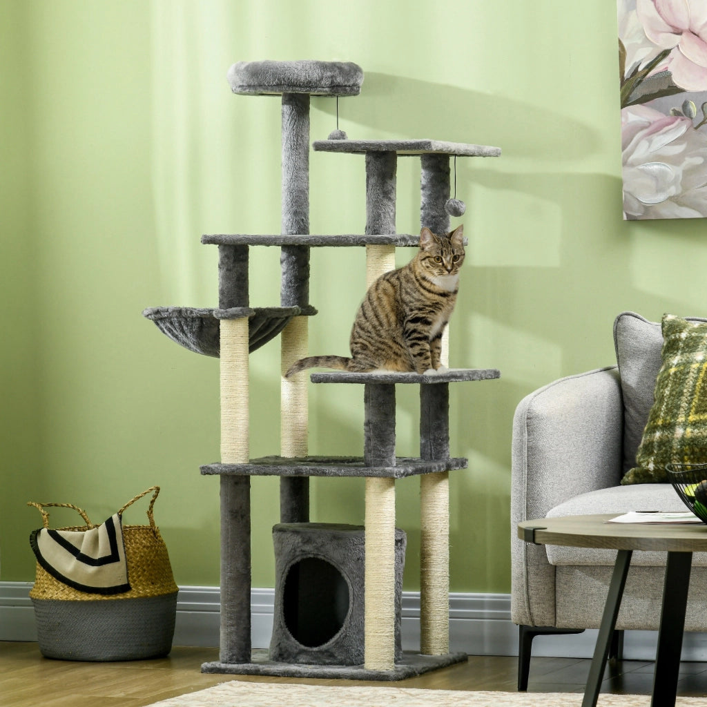 Torre per Gatti con Posti per Graffiare e Cuscino ¨C Zephmum ¨C Grigio 49x49x144 cm