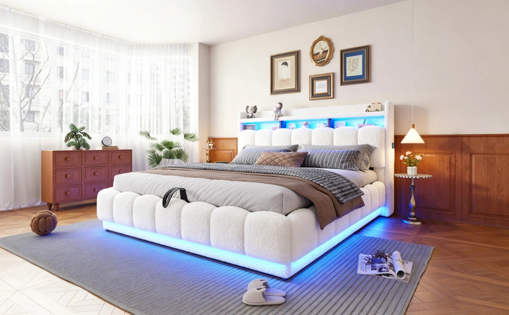 DESMIU Letto contenitore 180 × 200 cm 2 posti con LED, USB e presa, senza materasso, in tessuto bouclé, bianco
