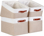 Cassa di stoccaggio in tessuto apribile con maniglie in pelle - Beige e bianco