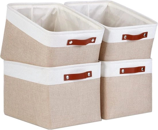 Cassa di stoccaggio in tessuto apribile con maniglie in pelle - Beige e bianco